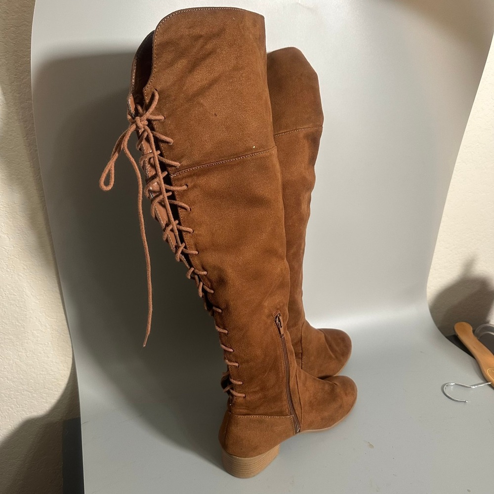 Cognac Brown Faux Suede Over The Knee Lace Up Back block heel Boots Size 8